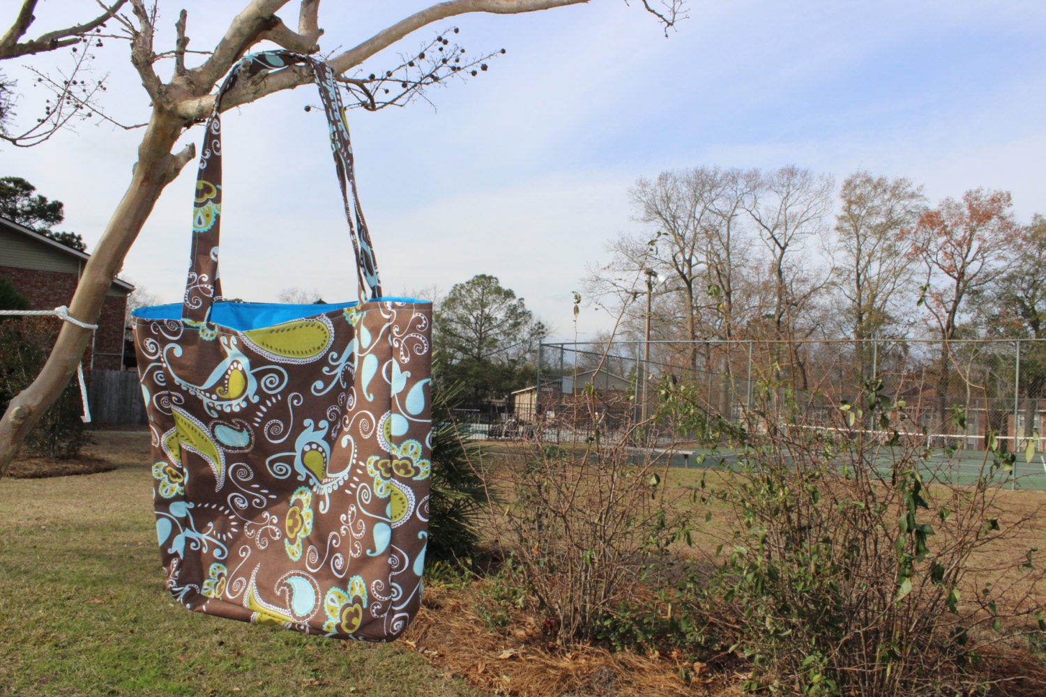 Reversible Tote Bag Brown and Blue Paisley - Paisley Straps
