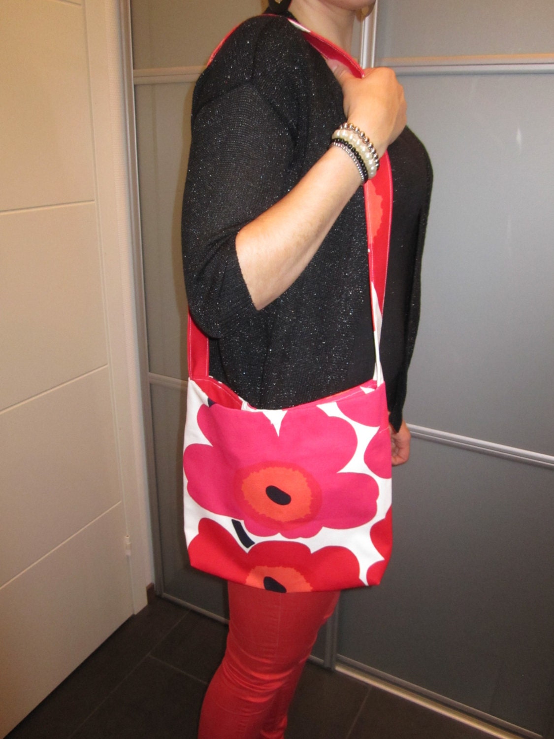 Unique "marimekko fabric" Retro Tote Bag, Lovely and Colourfull Marimekko "Unikko" Canvas Shoulder Bag, Purse, One-of-a-kind