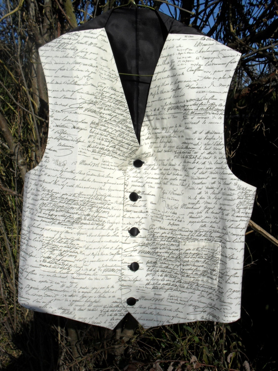 Men's Antique Vintage Vest Waistcoat Hand Written Style Script Black And Off-White