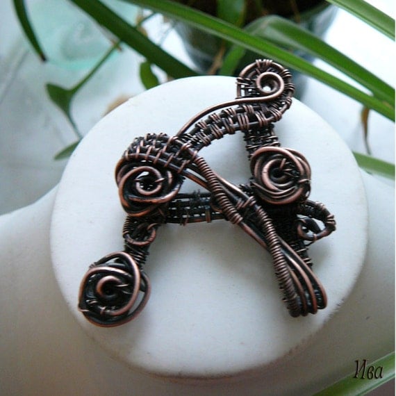 Copper wire wrapped pendant letter A by rainbowIVAart on Etsy
