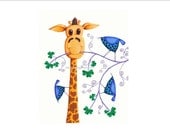 Kids room decor,Kids wall art,  nursery art, baby room decor,kids animal art,giraffe print,blue birds,yellow,  8x10 kids art print