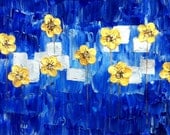 ORIGINAL Abstract Painting - Blue Silver Golden Flowers - Impasto Painting - Palette Knife Contemporary Art by Gargovi