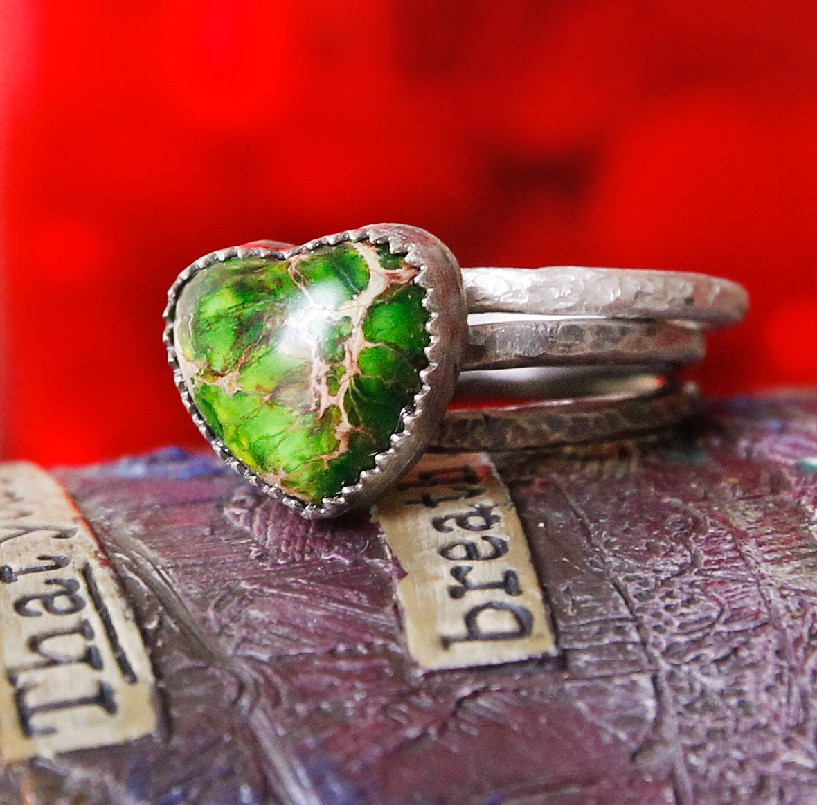The HEALING HEART Green Variscite Sterling Silver Stacking Ring Set of 3, Oxidized, Hammered, Rustic