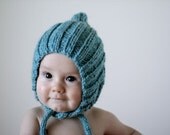 Chubby Pixie, Sky Blue, Baby Size. Handmade, Vintage-Inspired Woollen Hat Bonnet