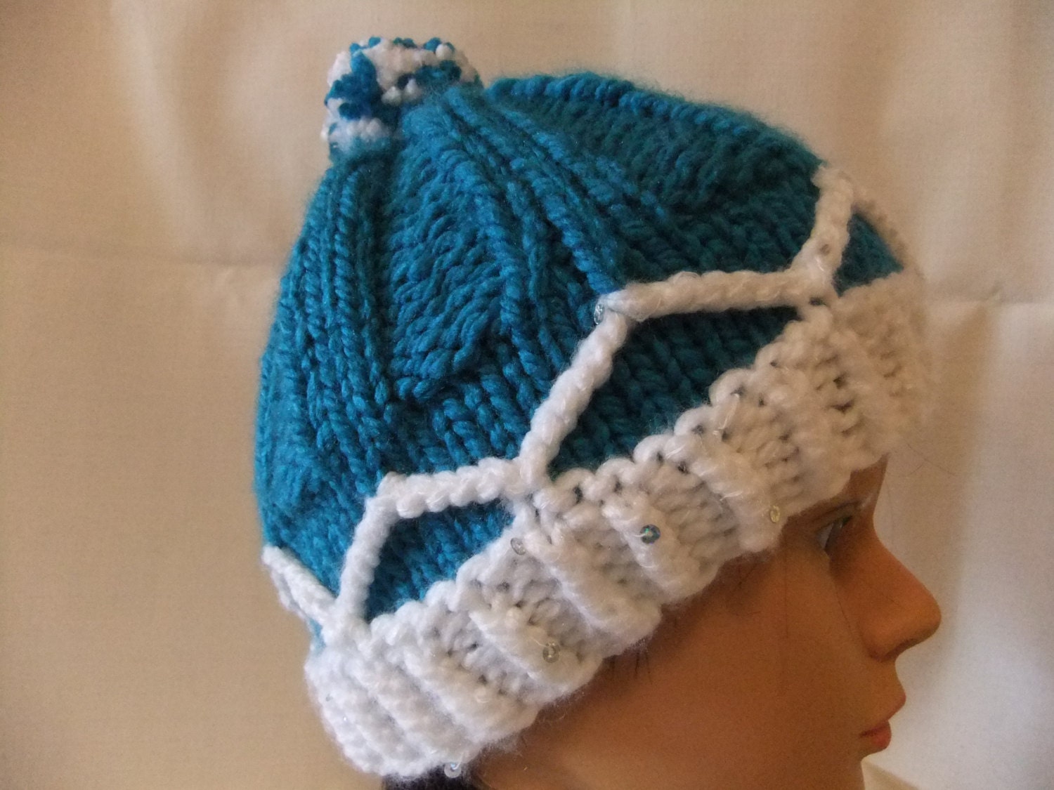 Hand Knit Woman Girl Beanie Hat Womens Toque Accessory Turquoise White with Pompom
