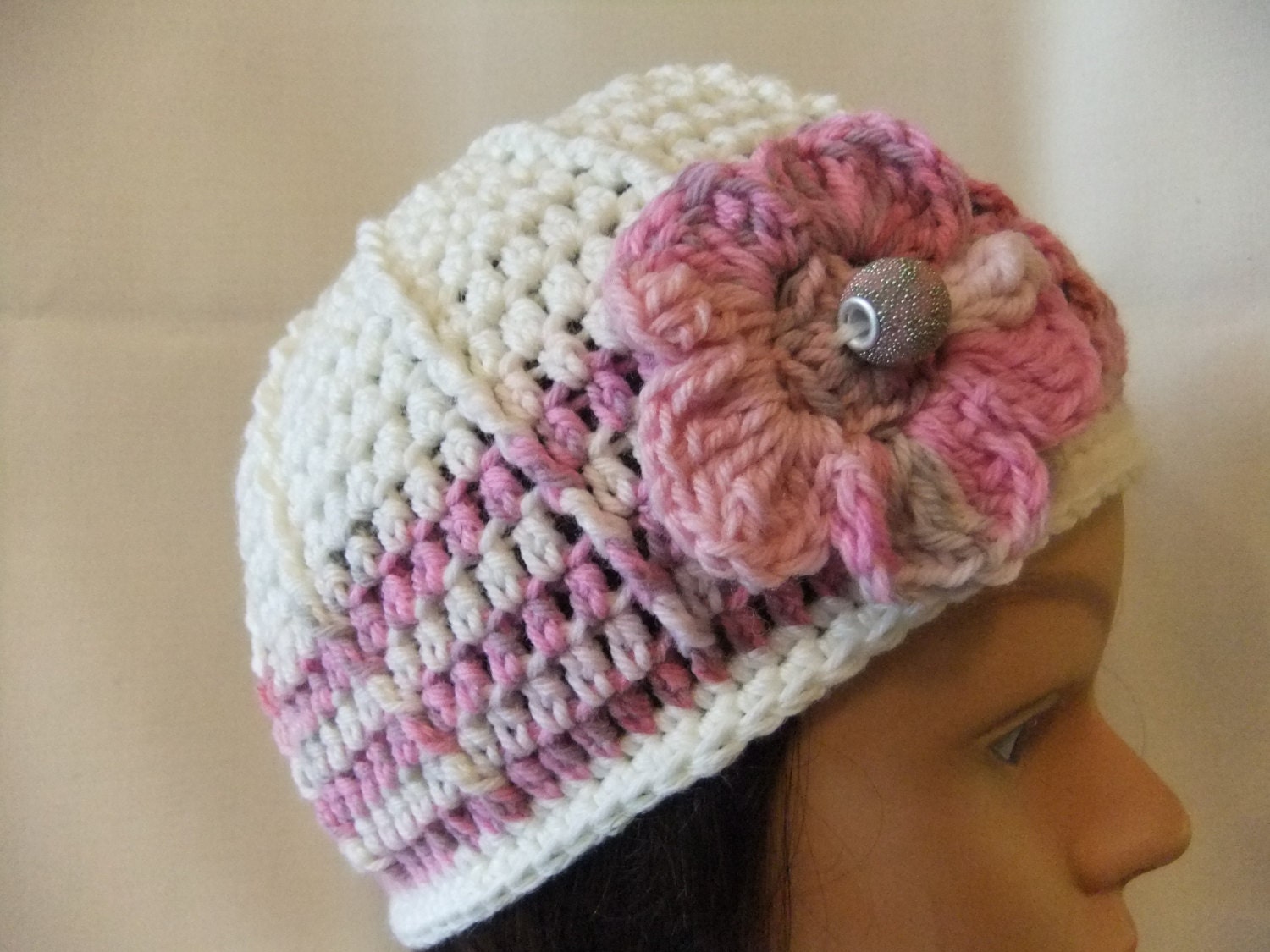 Hand Crocheted Teen Girl Beanie Hat Handmade Accessory White with Pink Trim Flower and Button