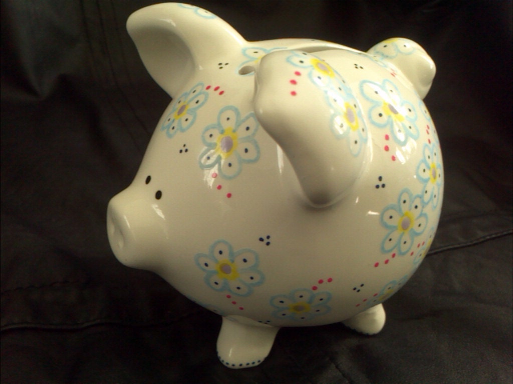 Hand-Painted Piggy Bank-Ceramic with Colorful Flowers