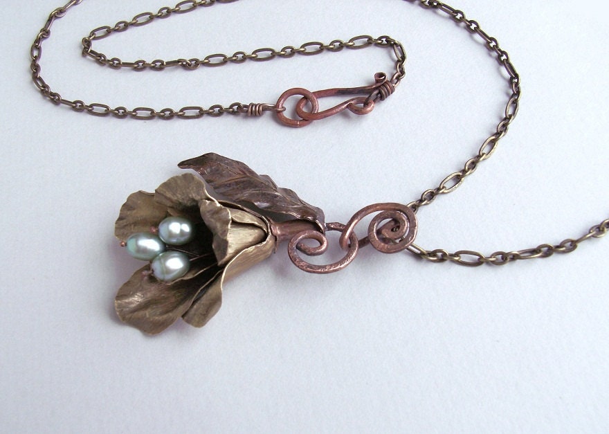 Lilly flower pendant handmade, ooak metal jewelry, coppery, metalwork,  woodland copper pendant