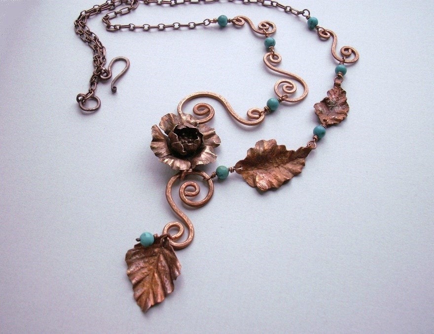 Copper flower necklace handmade, copper jewelry, ooak,  metalwork, necklace with metal flower
