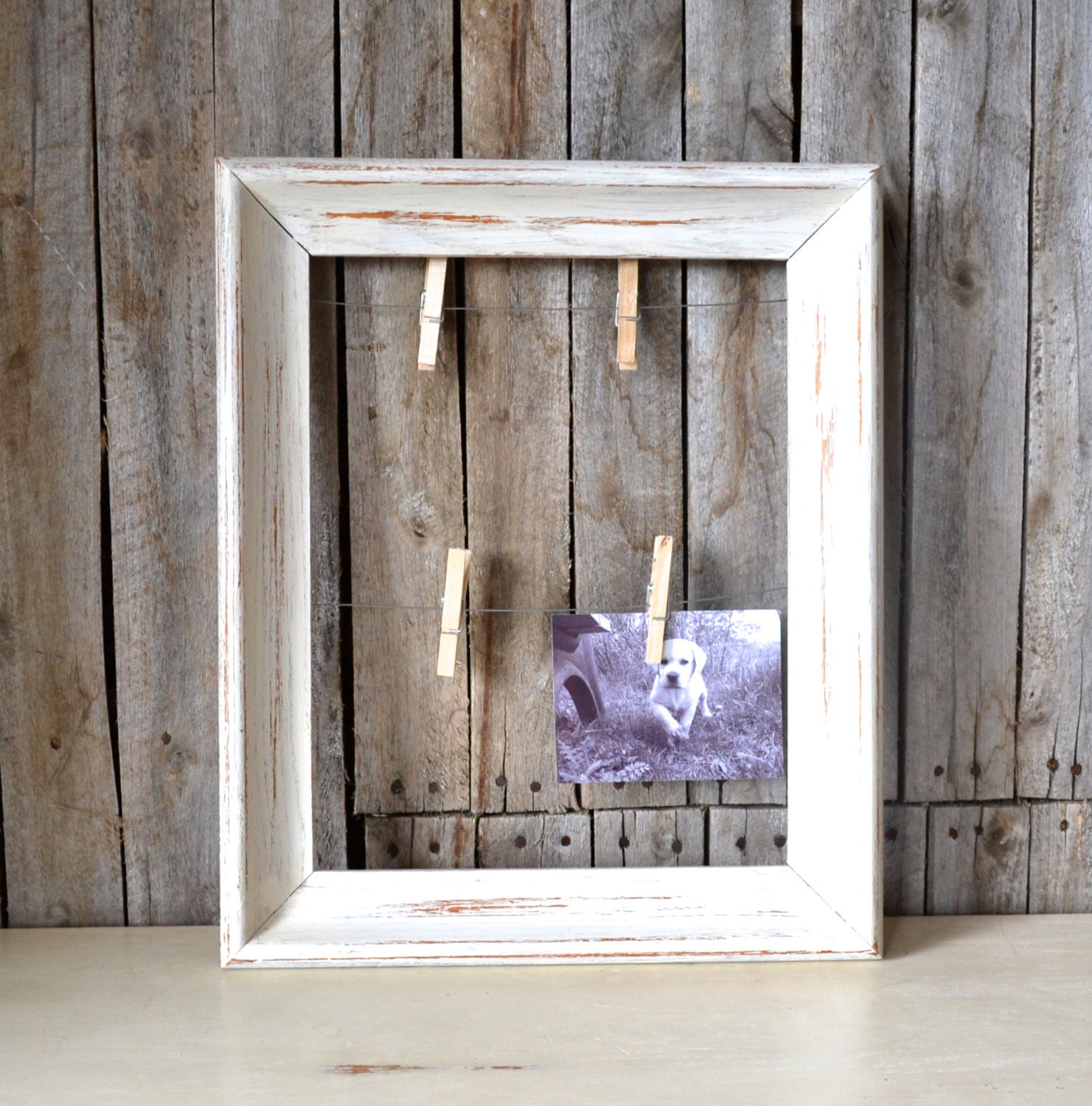 Shabby Chic White Wooden Frame With Wire and Clothes Pins