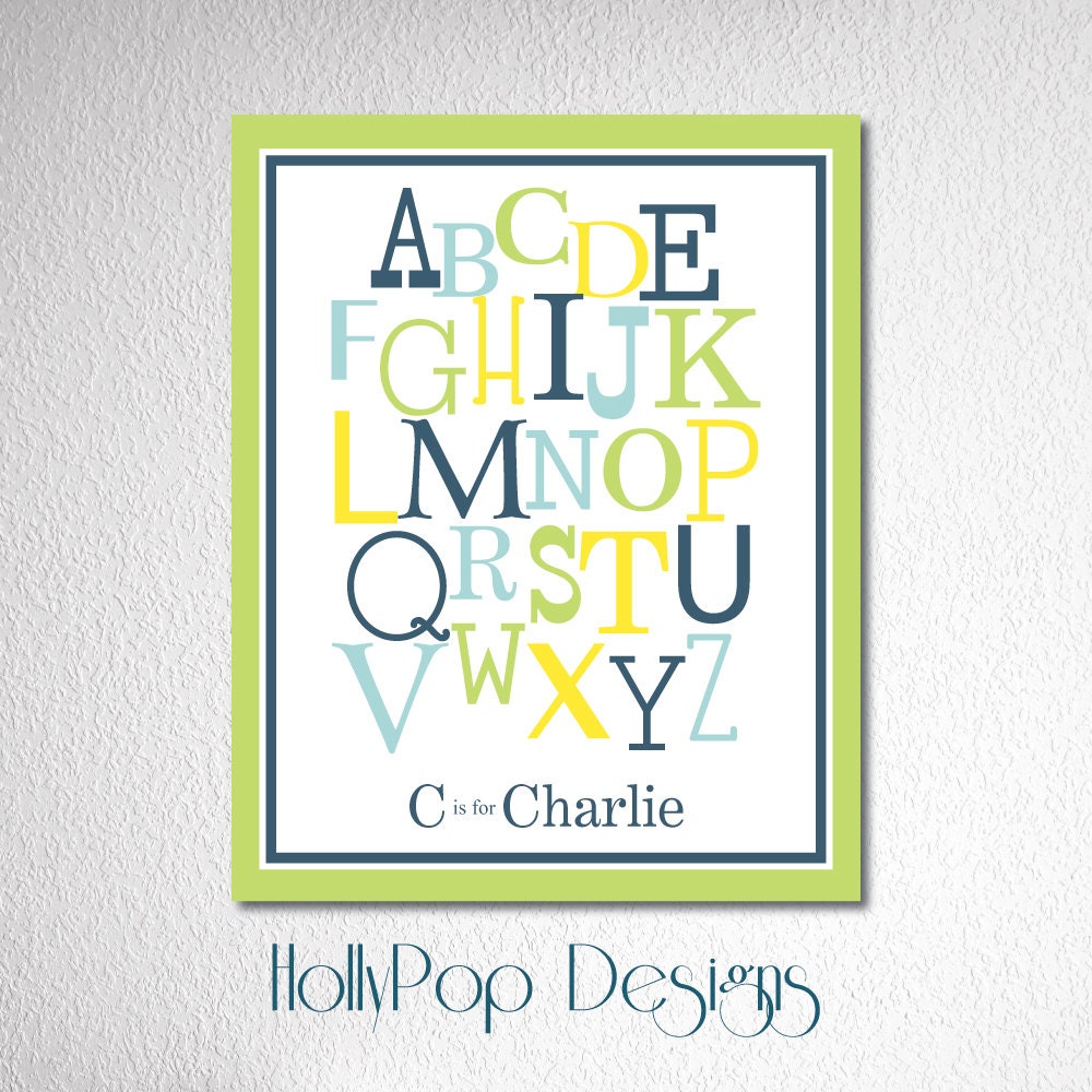 Nursery Wall Decor Alphabet Digital Art Prints Baby Boy Home Decor Blue Yellow Green Custom Colors Personalized 8x10 Poster