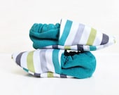 Striped baby booties, 6 to 12 months, turquoise and gray, unique baby, baby boy shoes, baby slippers, soft sole, Etsy UK