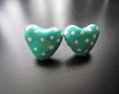 Polka Dot Teal Heart Earrings Polymer Clay