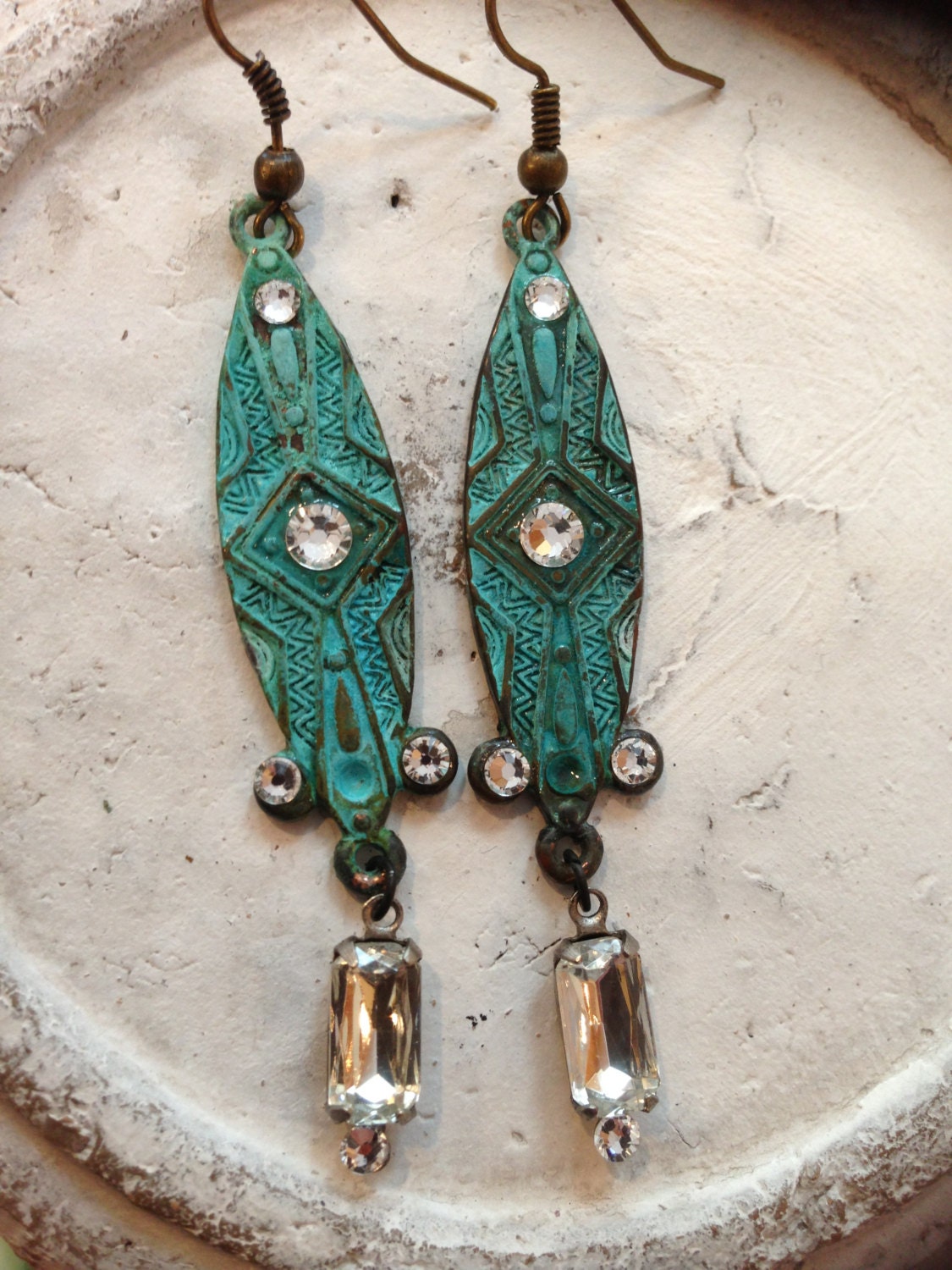Tribal patina drop earring with Swarovski crystal and vintage style stones