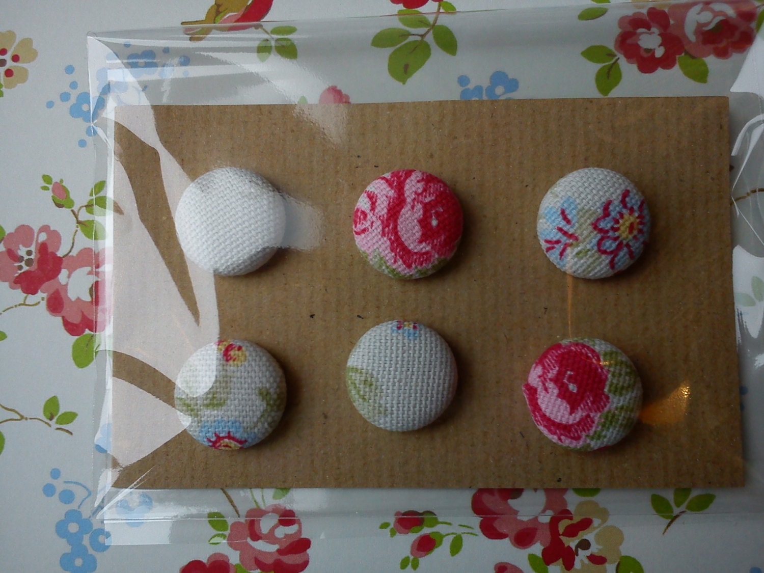 Cath Kidston fabric covered button fridge magnets set of 6 washed roses