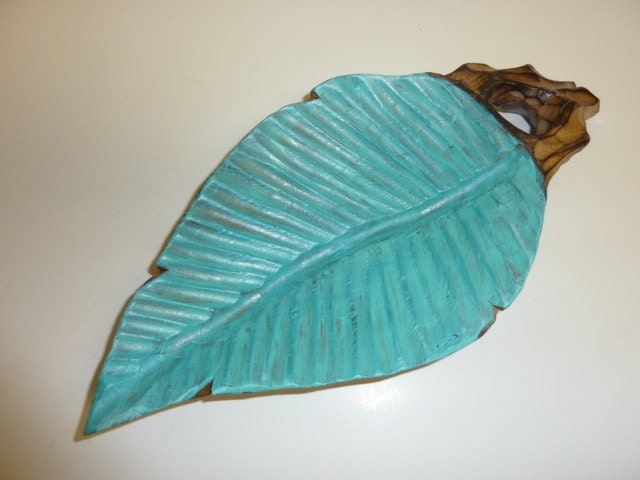 Painted Wood Leaf Bowl Tropical Hawaiian Aqua Blue Home Decor Upcycled Wooden Bowl Retro