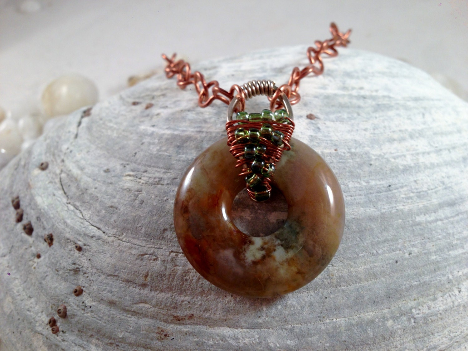 Copper and Stone Pendant with Handcrafted Copper Chain, Sterling Silver and Copper, Wire Wrapped Jewelry, One of a Kind, Copper and Green