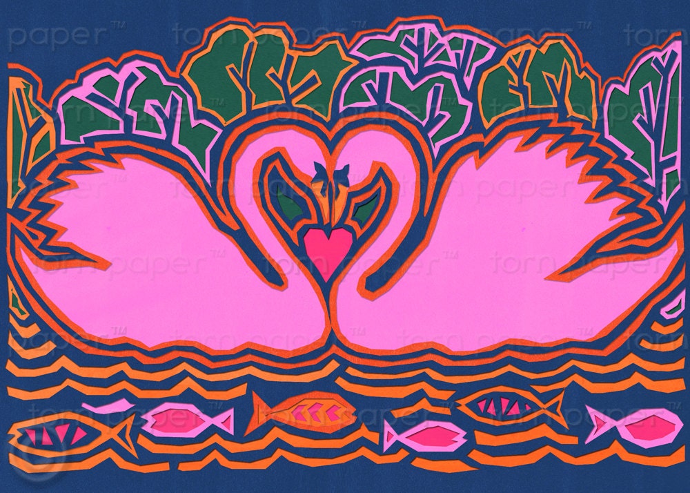 Pair of PINK SWANS - Love Birds - New for 2013 - 5"x7"  Collage Art Card - frame-able print (CVAL2013026)