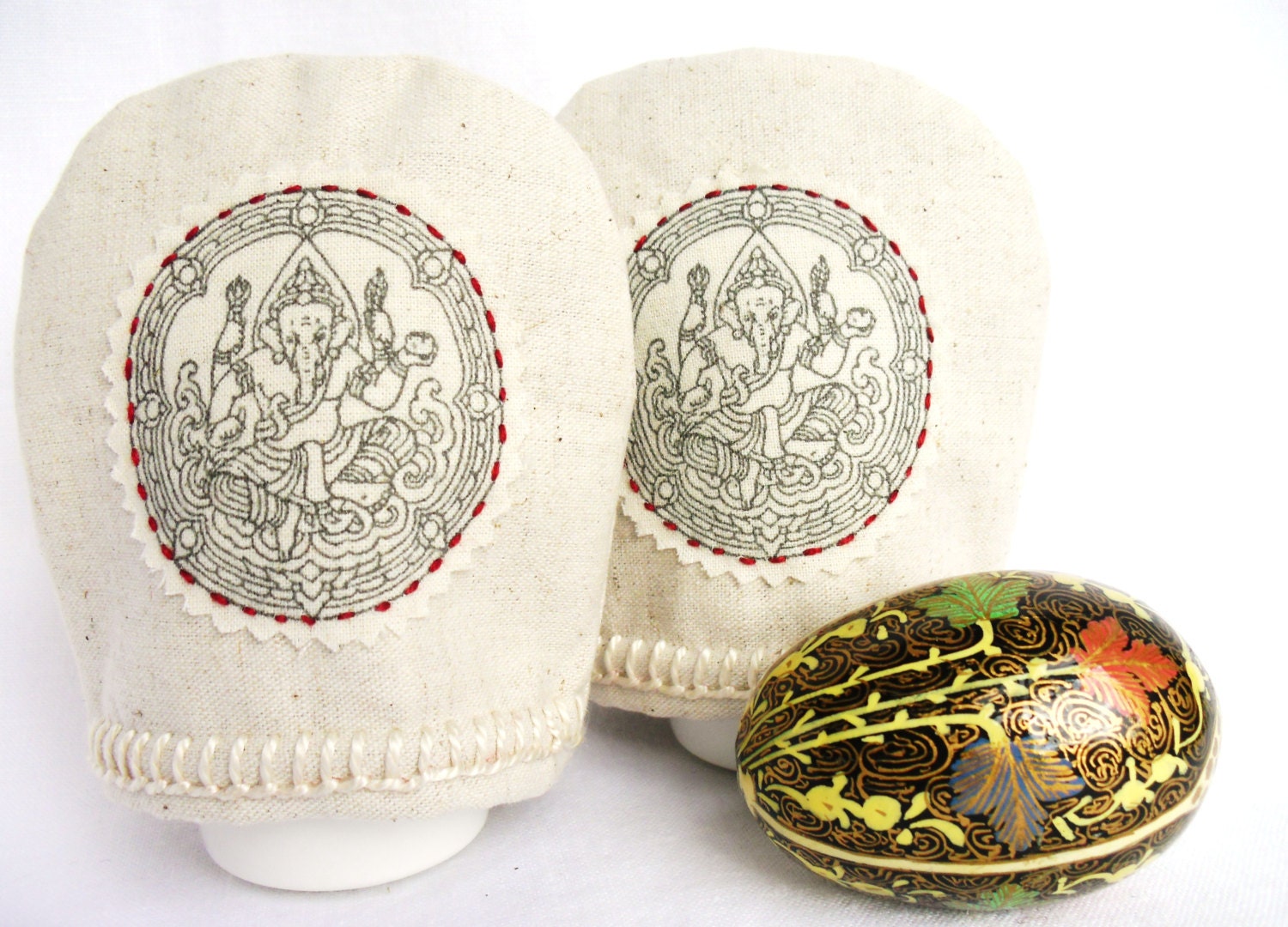 Egg Cozy pair, rustic spring decor, Ganesh decor, egg hat, egg warmers, linen, new home gift,  rustic housewarming gift