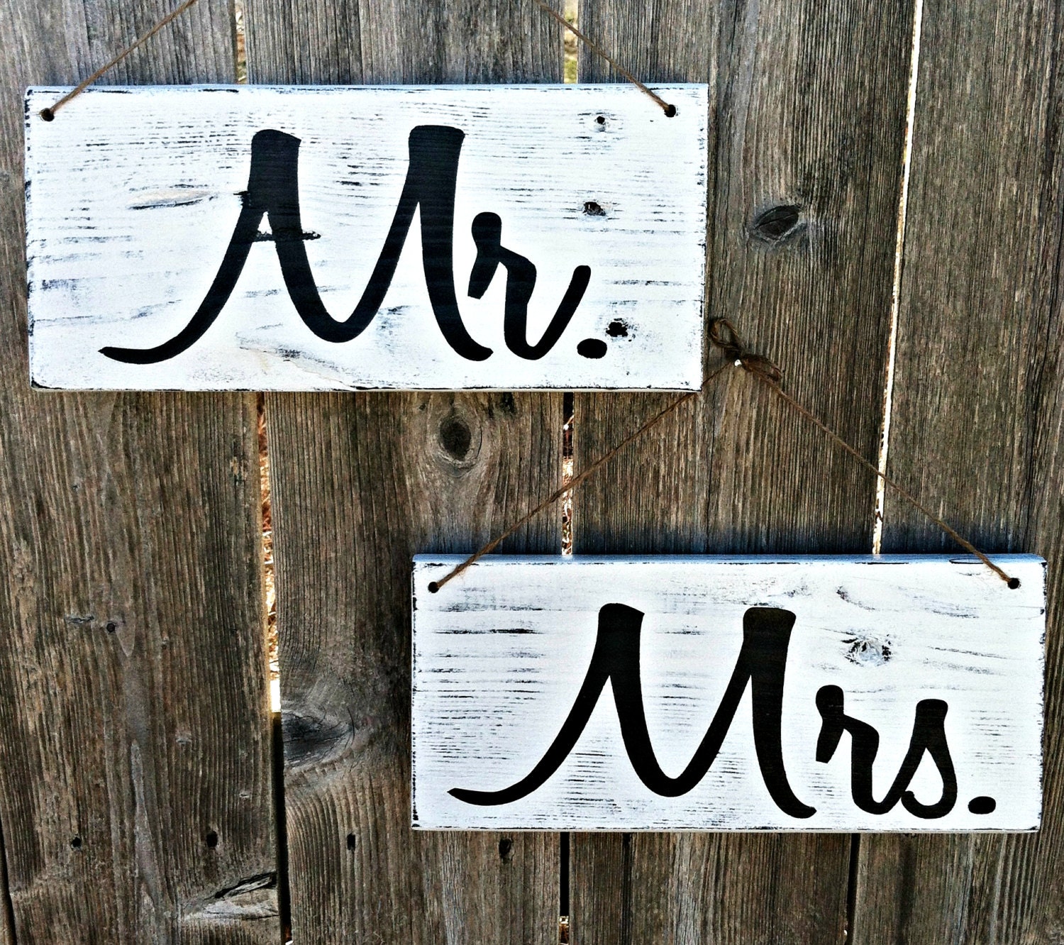 Handmade Wooden Mr. & Mrs. Wedding Signs, Set of 2 - Distressed Finish Shown in White and Black - Or Choose Your Own Colors
