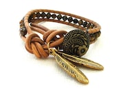 1wrap genuine leather beaded bracelet chan luu inspired single wrap with tiger eye glass beads vintage button leaf pendants boho surfer chic
