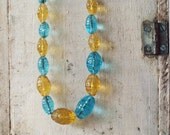 Vintage Glass Barrel Bead Necklace, Aqua and Lemon Glass Bead Necklace, 1940s, Vintage Necklace, Vintage Jewelry, Vintage Fashion