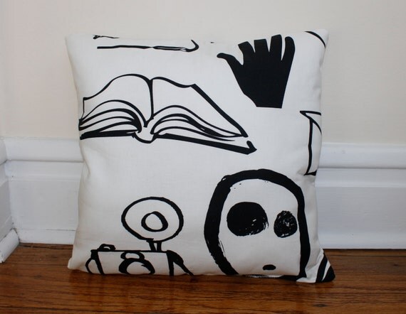 Black and White Throw Pillow, Cotton throw Pillow, Accent Pillow, Off White with Black 'ink' design pillow