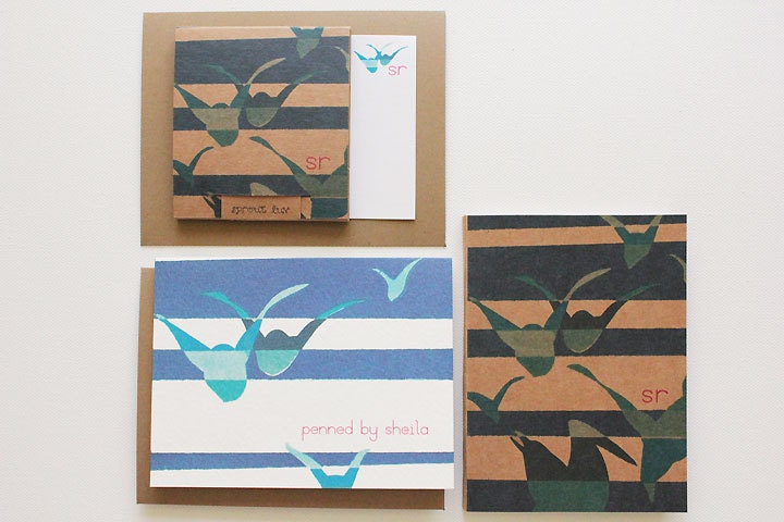 personalized stationery set - blue, teal & aqua seagulls - woodblocked gulls redux - custom cards, notebook and memo pad / jotter