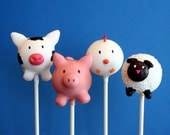 12 Farm Animal Cake Pops - Cow, Pig, Chicken, Sheep - for Barnyard, Old MacDonald, Rodeo, Barn, or Zoo party, birthday favor, cake topper