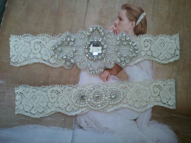 Bridal Garter, Wedding Garter and Toss Garter Set - Pearl & Rhinestone on a Ivory Lace - Style G239