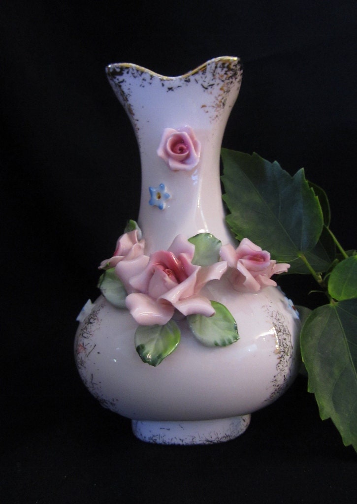 Items similar to Vintage Lefton China Pink Vase with Applied Roses on Etsy