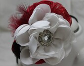 Fabric Flower Fascinator wedding hair accessory Headband or clip made with satin organza and fabric rosettes,pearls, lace, feathers.