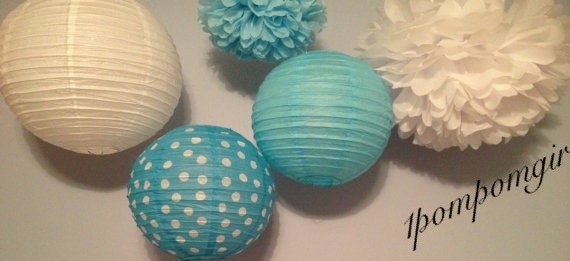 Modern Chic  3 Tissue Paper Pom Poms & 3 Decorated Paper Lanterns (Blue)/ Baby Shower/ Nursery Decor/ Birthday