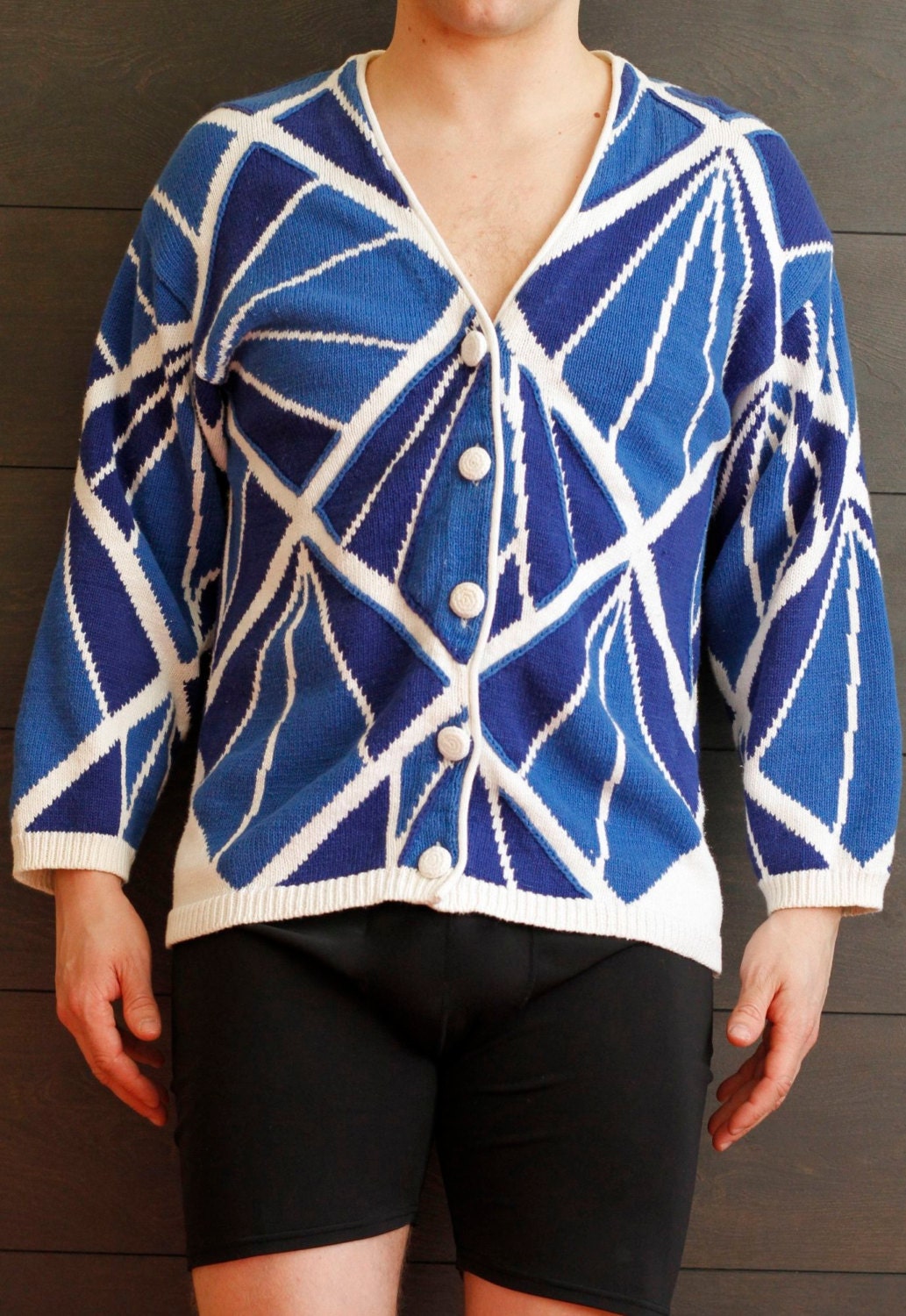 Vintage Aztec Crochet Cardigan - 1980s Mens Mosaic TONY LAMBERT Sweater - Size Large
