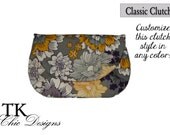 Classic Clutch in a versatile vintage floral print of purple, gold, & grey for either a gameday or everyday clutch