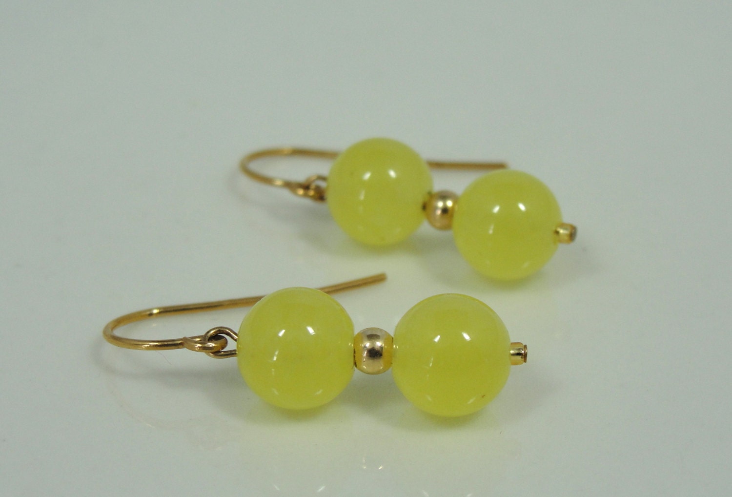 Sweet Lemon Yellow Jade Bead Earrings, Handmade with Gold ERJA102D