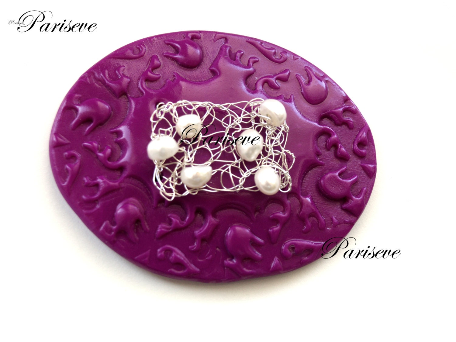 Jewelry named  Sofia Kulik- Purple Polymer Clay Brooch - are made of  plated wire and freshwater pearls.