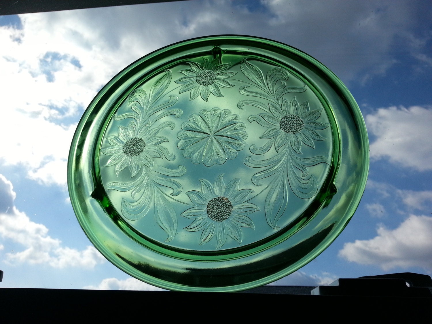 Green Depression Glass Three Footed Cake Plate - Sunflower Pattern