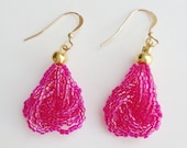 Hot Pink Earrings, Fuscia Earrings, Pink Earrings, beaded knot earrings, Seed Bead Jewelry, Beadwork, Handmade, Gold filled