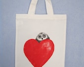 Hand Painted, Custom Made, Goody Bag, Owl peeping out behind a heart. Size -  21 x 26cm