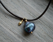 peacock blue pearl necklace in leather and gold.  handmade jewelry.  simple necklace.  grey.  blue.