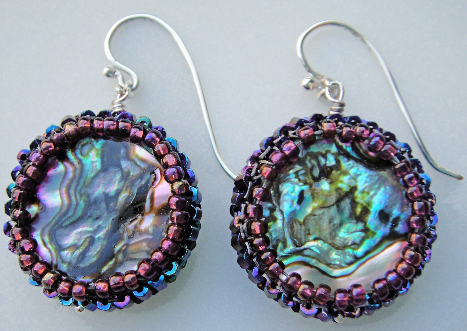 7/8" dia. Sterling Silver Natural Abalone Woven Peacock Black Czech Seed Bead Earrings