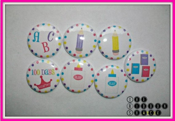 Back to School 1" Buttons M2M Ribbon Chevron, Notebook, Glue, Pencil, ABC, Princess, Crown, B2S Il_570xn