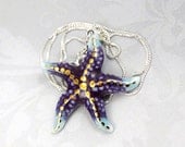 Starfish necklace - Sea star fish porcelain pendant necklace in purple and pale opal blue with 24kt gold luster and sterling silver chain