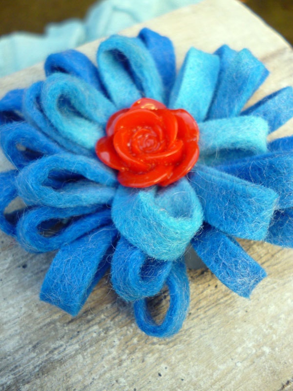 Handmade bright cobalt blue hand dyed felt flower brooch
