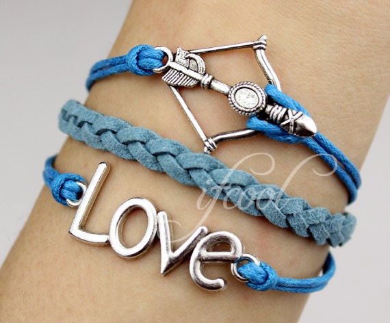 Love& Bow And Arrow Bracelet--Antique Silver,Wax Cords and Imitation Leather Bracelet-Personalized Bacelet,Friendship gift