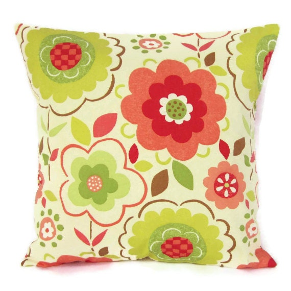 16x16 Throw Pillow Cover Lime Green Pink Taupe Flowers Home Decor Decorative Watermelon Cream