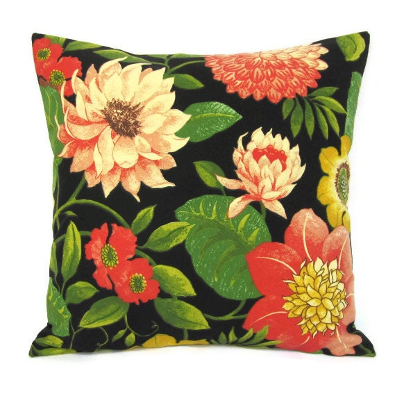 18x18 Throw Pillow Cover Indoor Outdoor Flower Home Decor Decorative Black Coral Yellow Green Red Rose
