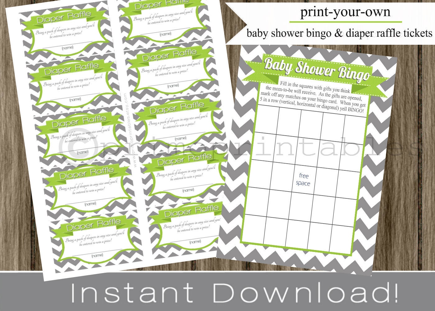 Baby Shower Bingo Game Cards and Diaper Raffle Tickets gray chevron and lime green INSTANT DOWNLOAD diy digital printable file