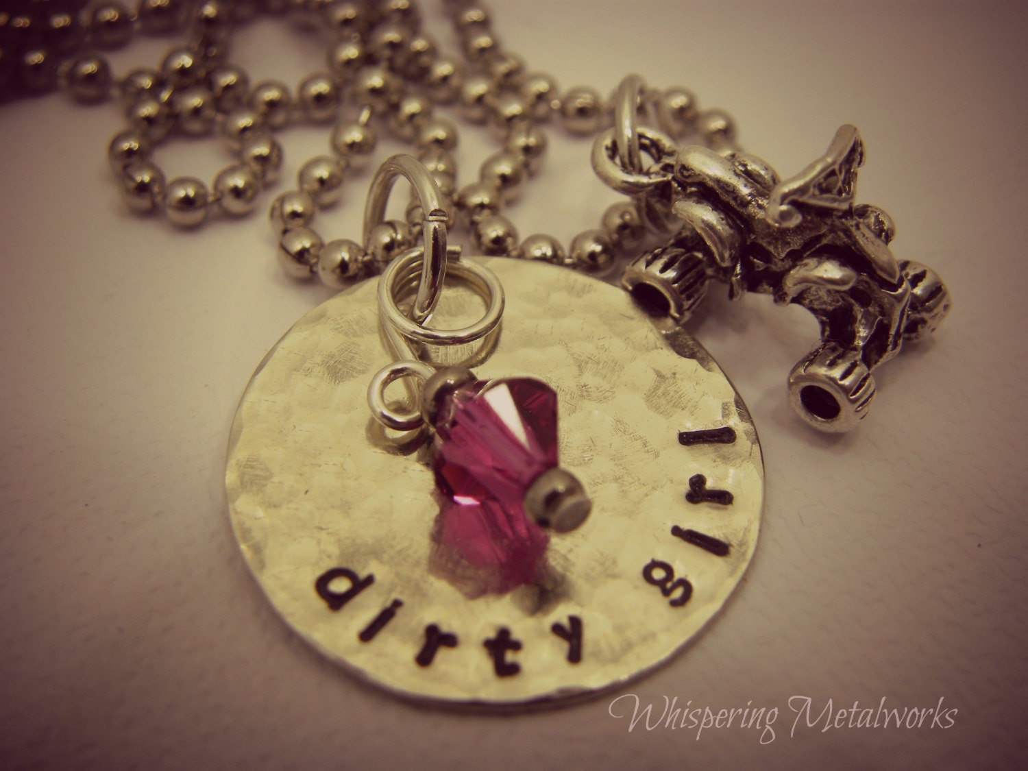 Dirty girl necklace silver hand stamped distressed with atv charm and pink swarvoski bead
